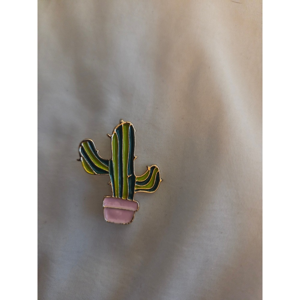 Green Saguaro Cactus Enamel Pin Pink Pot Gold Tone Trim Lapel Accessory